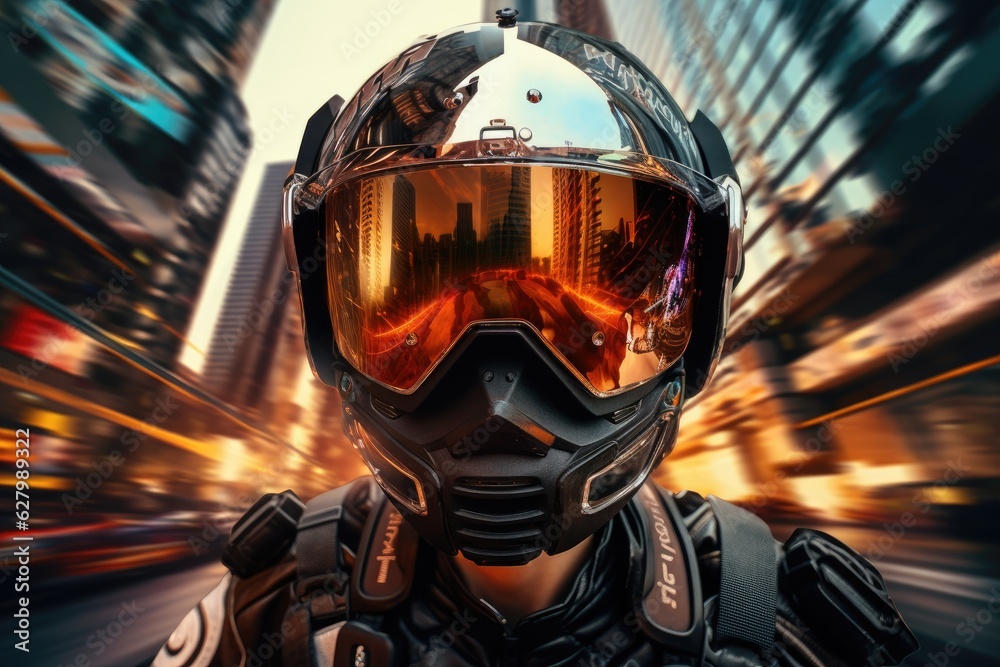 A cyberpunk woman wearing a motorcycle helmet with a mirrored visor that reflects the amazing sunset and the stunning skyscrapers. Generative AI A cyberpunk woman wearing a motorcycle helmet with a mirrored visor that reflects the amazing sunset and the stunning skyscrapers. Generative AI