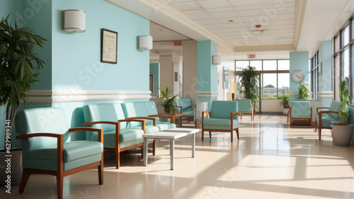 White hospital lobby with a door and white chairs for patients waiting for the doctor visit. A poster.
