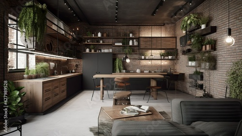Modern and industrial style studio apartment interior with wooden details and grey walls