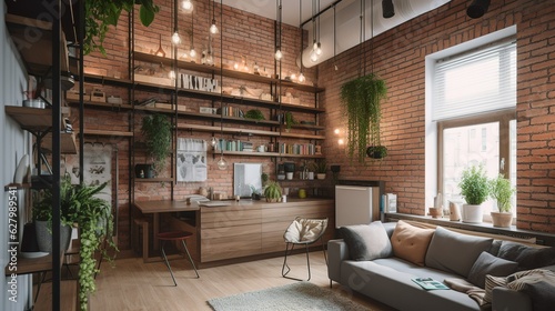 Industrial and bohemian style capsule apartment interior with wooden details and plants