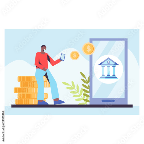 American male holding smartphone, sitting on coins and get loan from bank online. Concept of credit and loan finance in bank. Online bank service concept. Flat vector illustration in blue colors