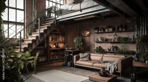 Industrial and bohemian style capsule apartment interior with wooden details and plants © Hdi