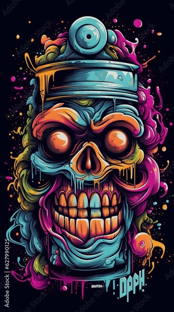 Colorful graffiti of spray can with angry scull face on black background. Logo illustration with ai generation Colorful graffiti of spray can with angry scull face on black background. Logo illustration with ai generation
