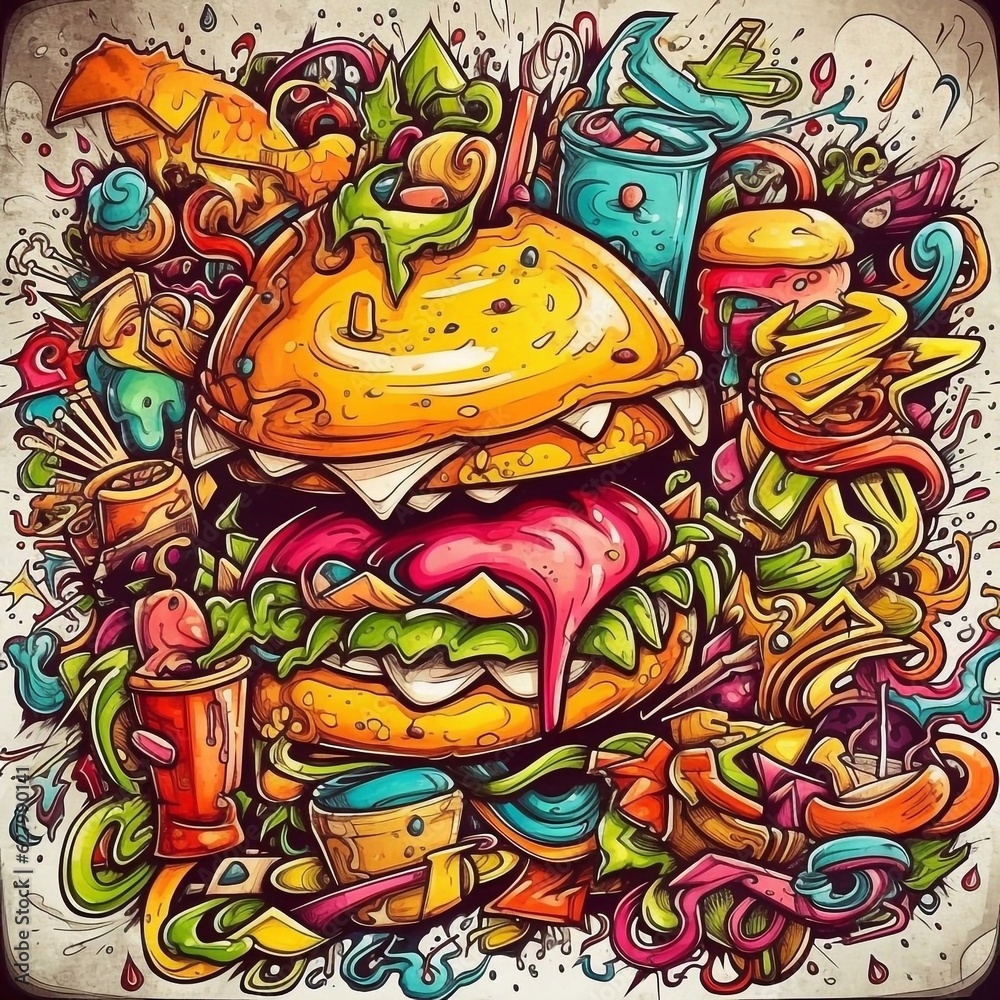 Graffiti style crazy fastfood illustration, 2d drawing.  Delicious hamburger with fresh lettuce, onion, juicy tomato slices and fried potatoes. Illustration wit AI generation