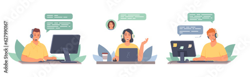 Female in headphones consulting female. Man chatting with client. Online consultations. Work of call center operators and consultants. Technical global support. Flat vector illustration