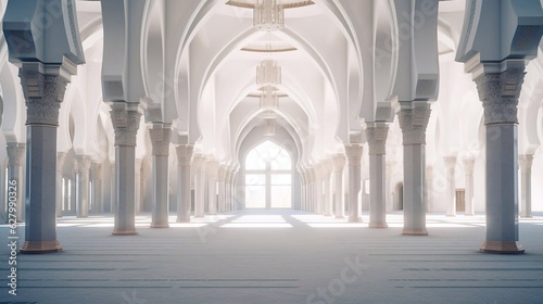 Mosque beautiful interior with columns in white colours background. Traditional eastern  architecture with AI generation