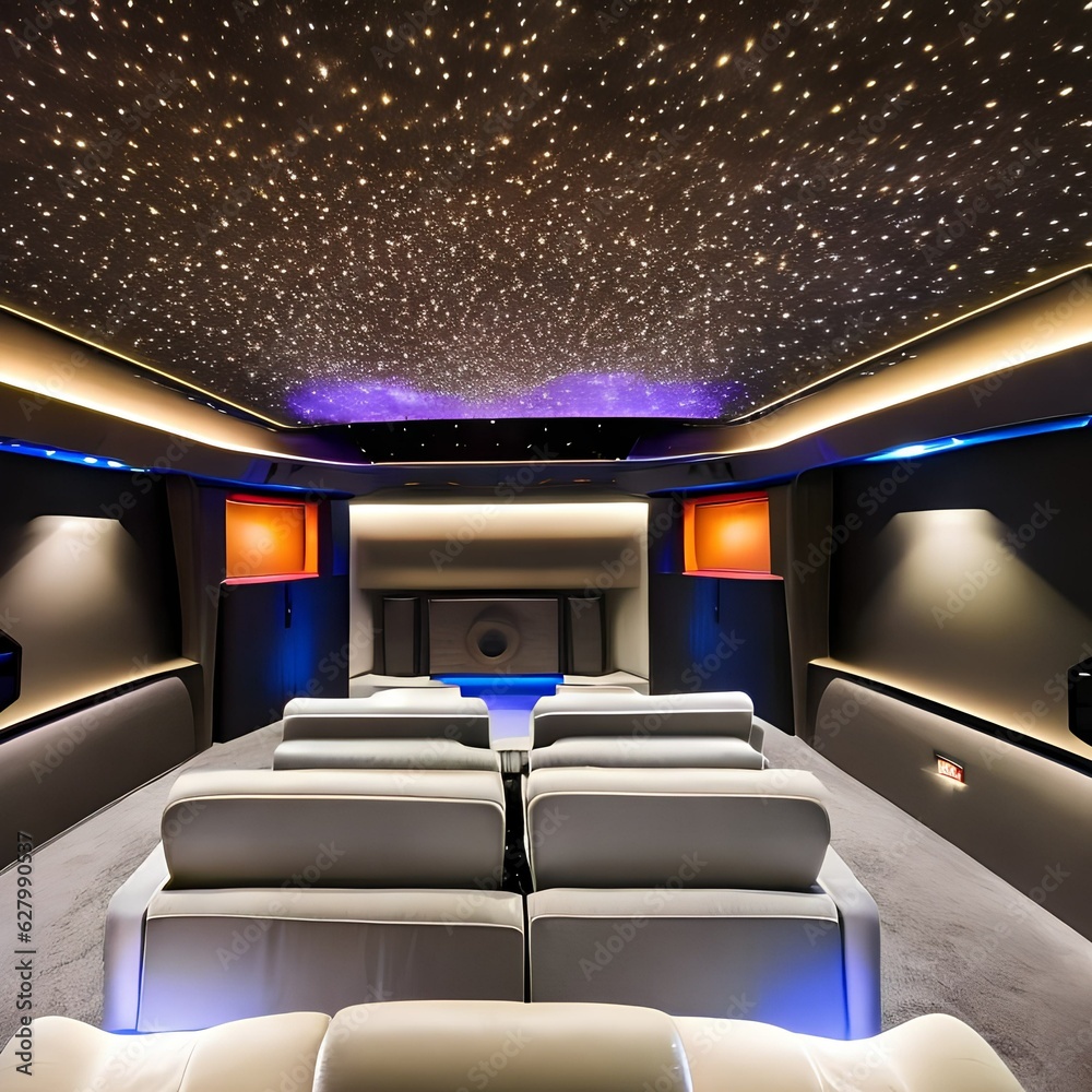 Fototapeta premium A sci-fi spaceship-inspired home theater with spaceship-like seating, LED starry ceiling, and spaceship console4
