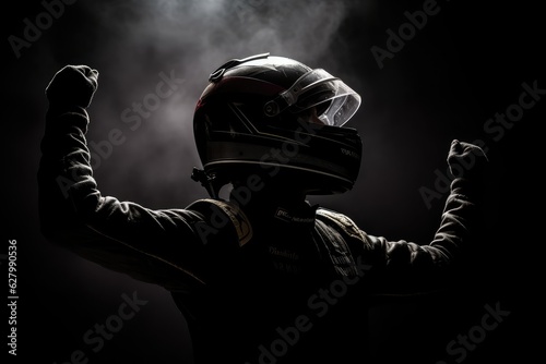 Silhouette of race car driver celebrating the win, AI generated