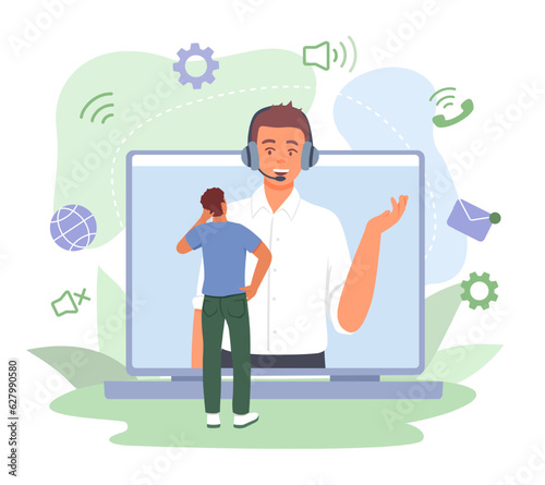 Man standing near big laptop and talking with male consultant. Virtual personal consultant helping to solve customer problem online. Technical global support. Flat vector illustration in cartoon style