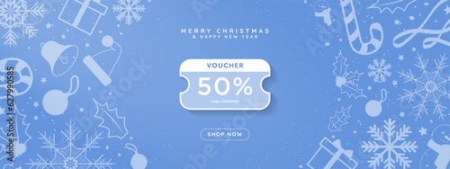 Simple White and Teal Blue Online Christmas 50% Voucher decorative christmas elements and Shop Now CTA Button. Pop up coupon with space for code and 50% off. Editable Vector Illustration. EPS 10.