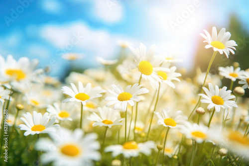 Chamomiles on a sunny summer day in the meadow