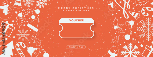 Red and Cyan Online Christmas Voucher decorative Christmas elements and Shop Now CTA Button. Christmas Voucher Template with copy space. Editable Vector Illustration. EPS 10.