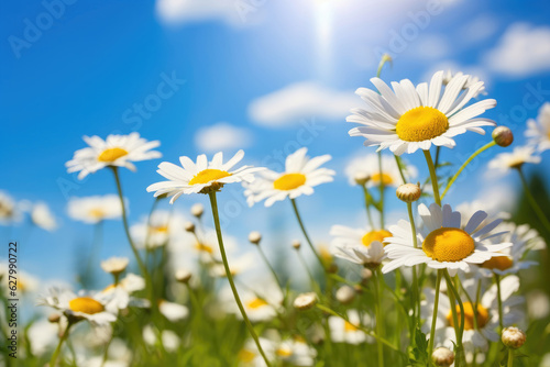 Chamomiles on a sunny summer day in the meadow