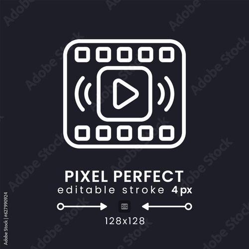 On-demand streaming white linear desktop icon on black. Subscription-based provider. Media service. Pixel perfect 128x128, outline 4px. Isolated user interface symbol for dark theme. Editable stroke