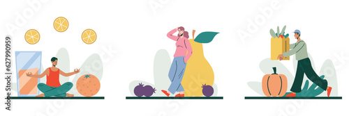 Set of male buying vegetables, man and woman selecting fruits for juice and meal. Healthy lifestyle concept. Choose vegetables and fruits. Natural products for eat concept. Flat vector illustration