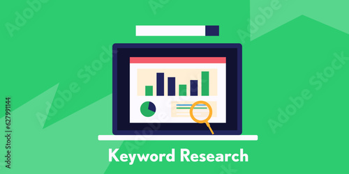 Keyword research. SEO keyword analysis. PPC campaign keyword selection. Competitor keyword spy. Vector illustration background.