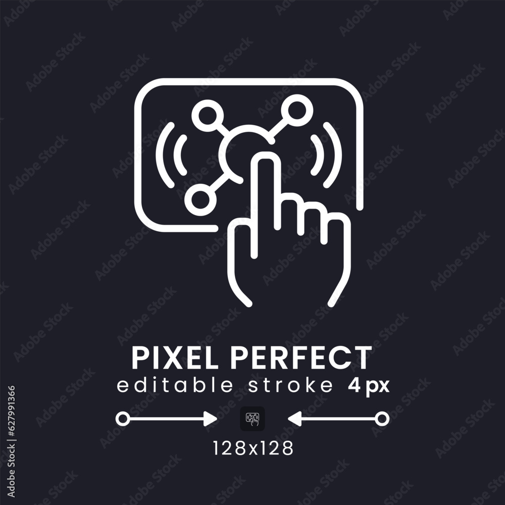 Interactive live streaming white linear desktop icon on black. Audience engagement. Online broadcast. Pixel perfect 128x128, outline 4px. Isolated user interface symbol for dark theme. Editable stroke Interactive live streaming white linear desktop icon on black. Audience engagement. Online broadcast. Pixel perfect 128x128, outline 4px. Isolated user interface symbol for dark theme. Editable stroke