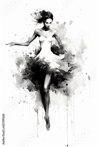 Generative AI, Beautiful dancing woman drawn by black ink or watercolor. Hand paint black and white fashion sketch.