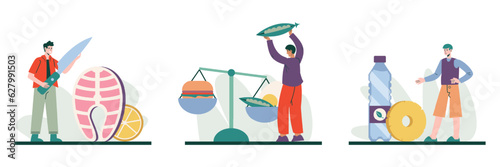 Set of man choosing between healthy and unhealthy food, male cutting fish. Choose fish, peas, vegetables and fruits. Natural products for eat concept. Flat vector illustration in cartoon style