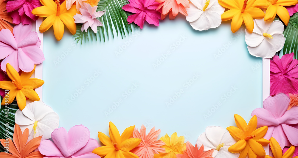 tropical leaf frame with palms and flowers vivid tropical leaf frame with palms and flowers vivid