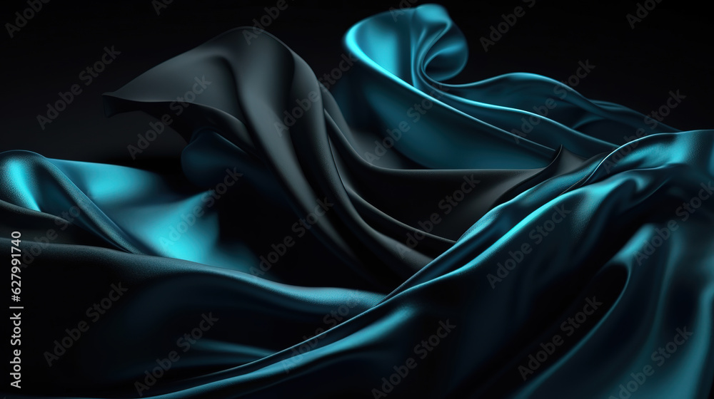 Blue satin fabric lays on the surface in the form of openwork folds silk background . Generative Ai