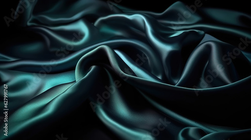 Black blue silk, Shiny fabric, Light, Glow, Liquid wave background. Generative Ai