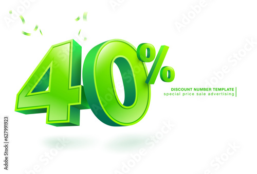 40 percent discount. Green lettering template on 40% numbers in three dimensional style. Use for promotional ads in special sale isolated on white background. illustration vector file. photo