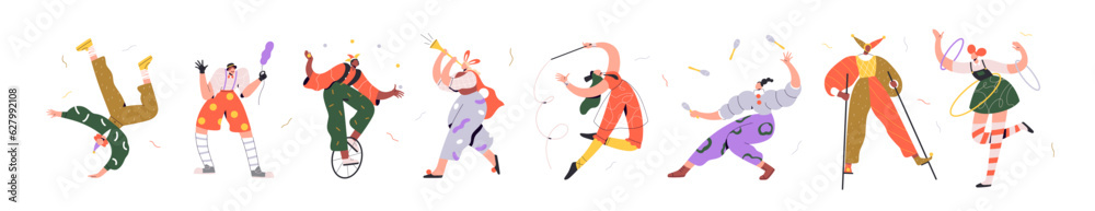 Circus artists set. Funny clown, acrobat, comic jester, joker, harlequin and juggler performing skills for carnival, street holiday. Flat graphic vector illustrations isolated on white background