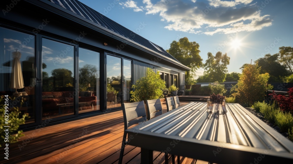 Fototapeta premium corrugated metal roof installed in a modern house. Corrugated metal roof Modern roof made of metal Metal sheet roof.