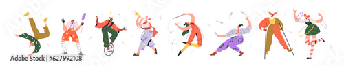 Circus artists set. Funny clown, acrobat, comic jester, joker, harlequin and juggler performing skills for carnival, street holiday. Flat graphic vector illustrations isolated on white background