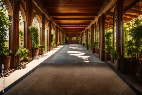 Sunny aisle in vintage hotel patio, doors facing lawn in perspective