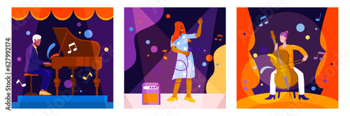 Young male sitting and playing on piano. Stylish female singing in microphone on stage. Female sitting and playing cello. Concept of creating music, hobby. Flat vector illustration in cartoon style