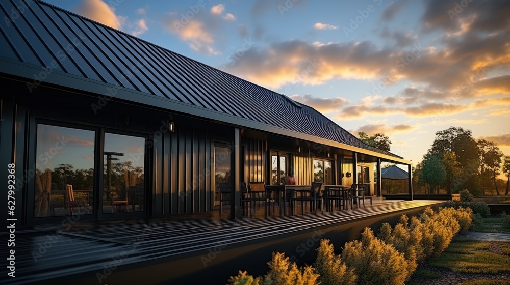 corrugated metal roof installed in a modern house. Corrugated metal roof Modern roof made of metal Metal sheet roof.