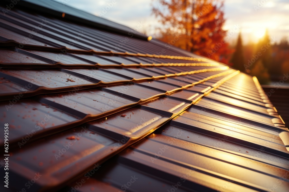 corrugated metal roof installed in a modern house. Corrugated metal roof Modern roof made of metal Metal sheet roof.