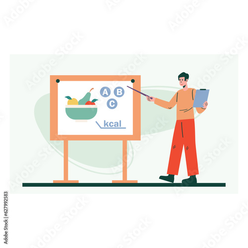Young male standing near board and teaching about vitamins. Study of healthy eating. Measuring calories, healthy ingredients and vitamins in different vegetables. Flat vector illustration