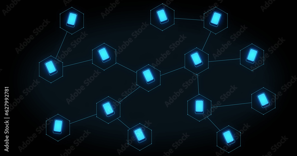 Image of growing network of blue smartphone icons on black background
