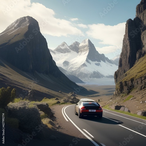 A scenic drive through a mountain range, with a sleek, modern car in the foreground © Eric