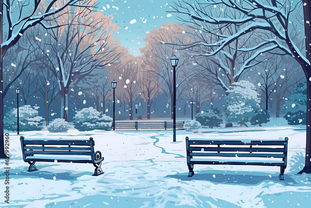 Illustration with benches in the snowy city park. Landscape of the city park in winter