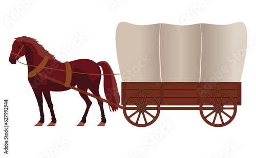 Wooden covered wagon with horse isolated on white, vector illustrationWeb
