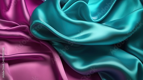 Pink tuquoise silk satin,Wavy folds,Beautiful purple teal background. Generative Ai photo