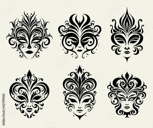 Vector carnival masks collection, masks silhouette, ornamented masks, abstract masquerade faces