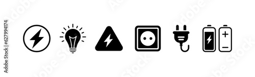 Electricity icons. silhouette, black, plug icon, batteries and energy. Vector illustration