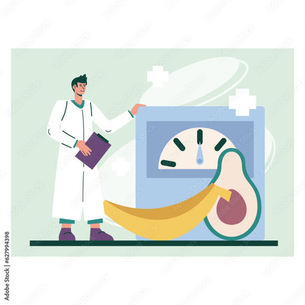 Professional laboratory worker holding clipboard, standing next to scales. Checking natural fruits for vitamins and beneficial ingredients. Healthy lifestyle concept. Flat vector illustration