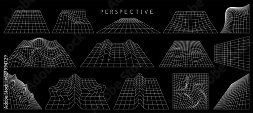 Wireframe retro futuristic perspective grids. Vector set of geometrical blueprint distorted planes