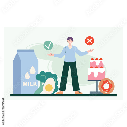Male select between healthy and unhealthy food. Choice between dairy, vegetables, and foods with protein and sweet cakes and foods with more carbohydrates. Flat vector illustration in cartoon style