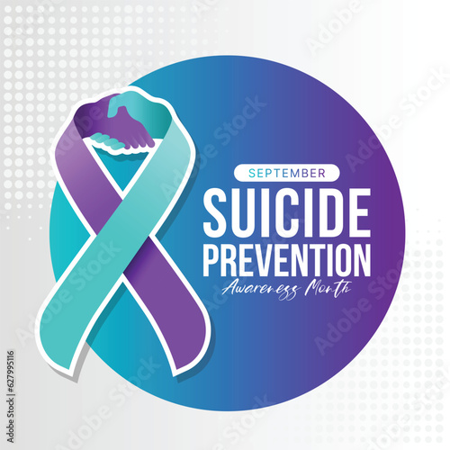 Suicide prevention awareness month text and Teal purple ribbon awareness with hand hold hand to give hope sign on circle teal purple banner vector design