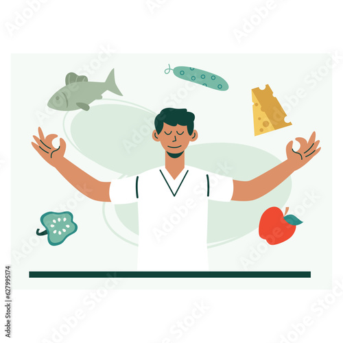 Man juggles food, chooses products for dinner. Choosing right and healthy food. Health care concept. Choose vegetables and fruits. Natural products for eat concept. Flat vector illustration