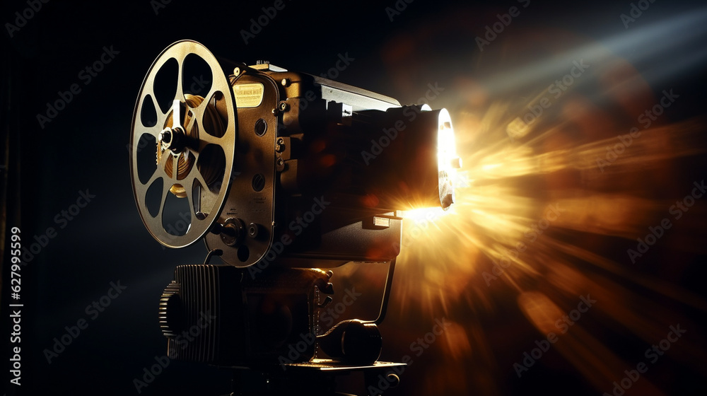 A classic movie projector casting flickering light on the silver screen, ready to transport the audience back in time Generative AI