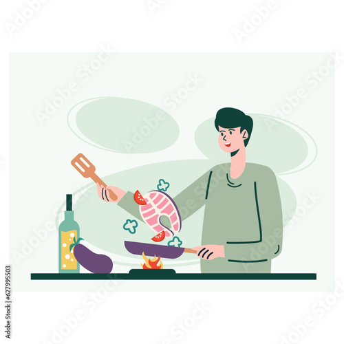 Young male holding pan and fried vegetables in pan with fish. Process of cooking healthy food with vegetables and fish. Flat vector illustration in cartoon style in blue colors