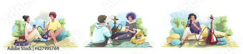 Happy couple sitting on carpet and smoking. Hookah lounge club. Traditional oriental leisure. Concept of tobacco smoking. Flat vector illustration in cartoon style in blue colors